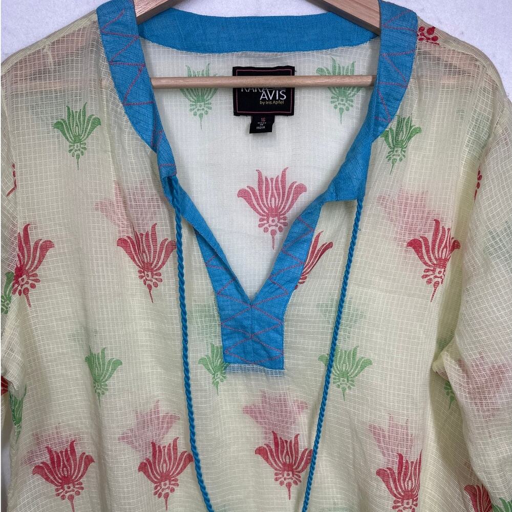 Rara Avis by Iris Apfel Printed Kurta Tunic Top Blouse Semi Sheer Tassels Sz 16 - Picture 3 of 14